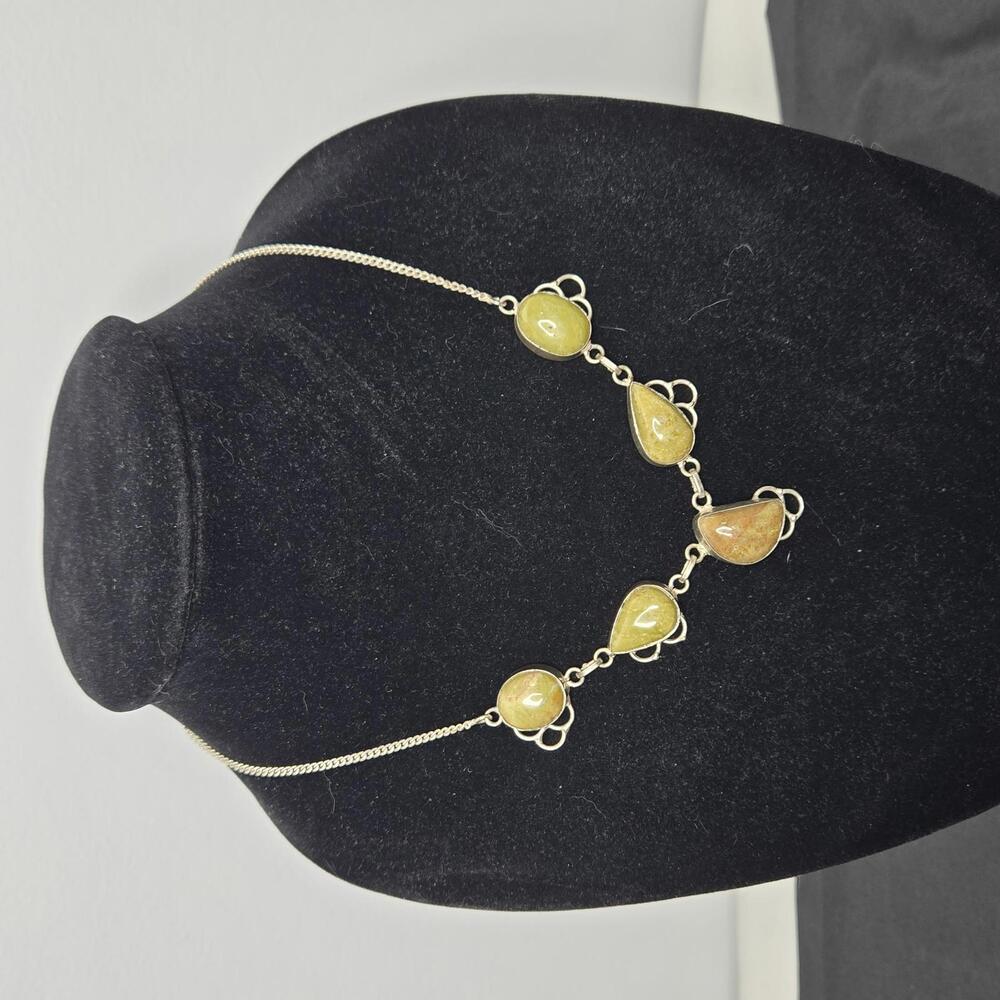 Vintage Sterling Silver Green Jasper Multi Stone Necklace Modernist Artist Sign
